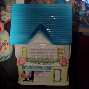 AVAILABLE - Vintage Ceramic Cookie Jar "Tea Shop" 11"Tall